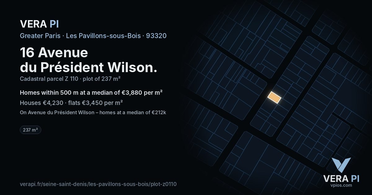 16 Avenue du Président Wilson, Les Pavillons-sous-Bois at night – the plot lit, the parcels around coloured by the prices near them