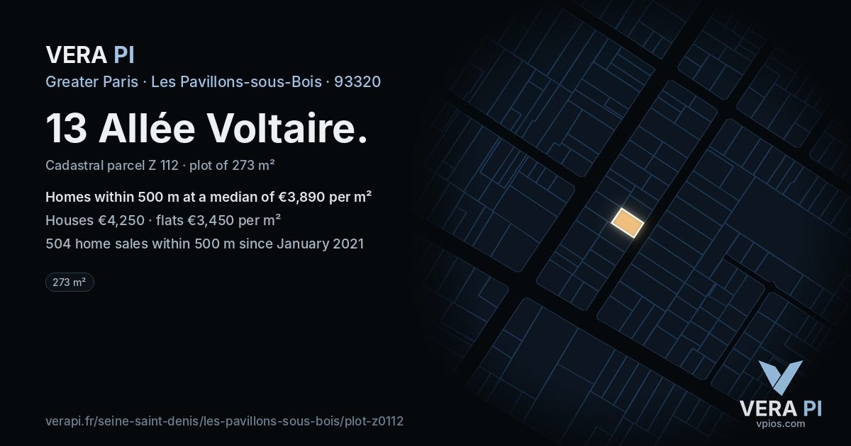 13 Allée Voltaire, Les Pavillons-sous-Bois at night – the plot lit, the parcels around coloured by the prices near them