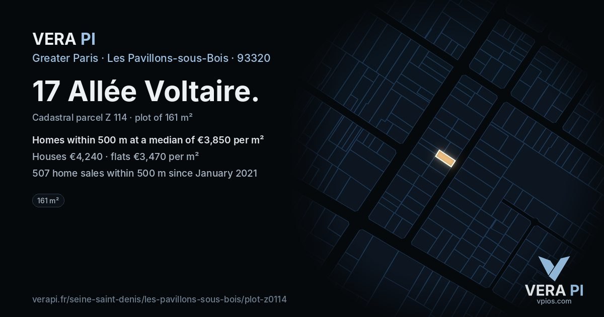 17 Allée Voltaire, Les Pavillons-sous-Bois at night – the plot lit, the parcels around coloured by the prices near them