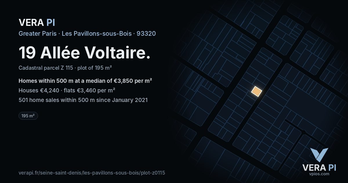 19 Allée Voltaire, Les Pavillons-sous-Bois at night – the plot lit, the parcels around coloured by the prices near them