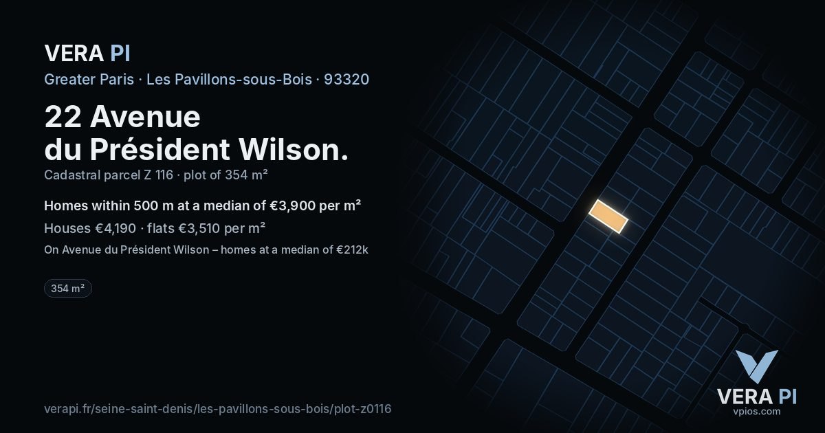 22 Avenue du Président Wilson, Les Pavillons-sous-Bois at night – the plot lit, the parcels around coloured by the prices near them