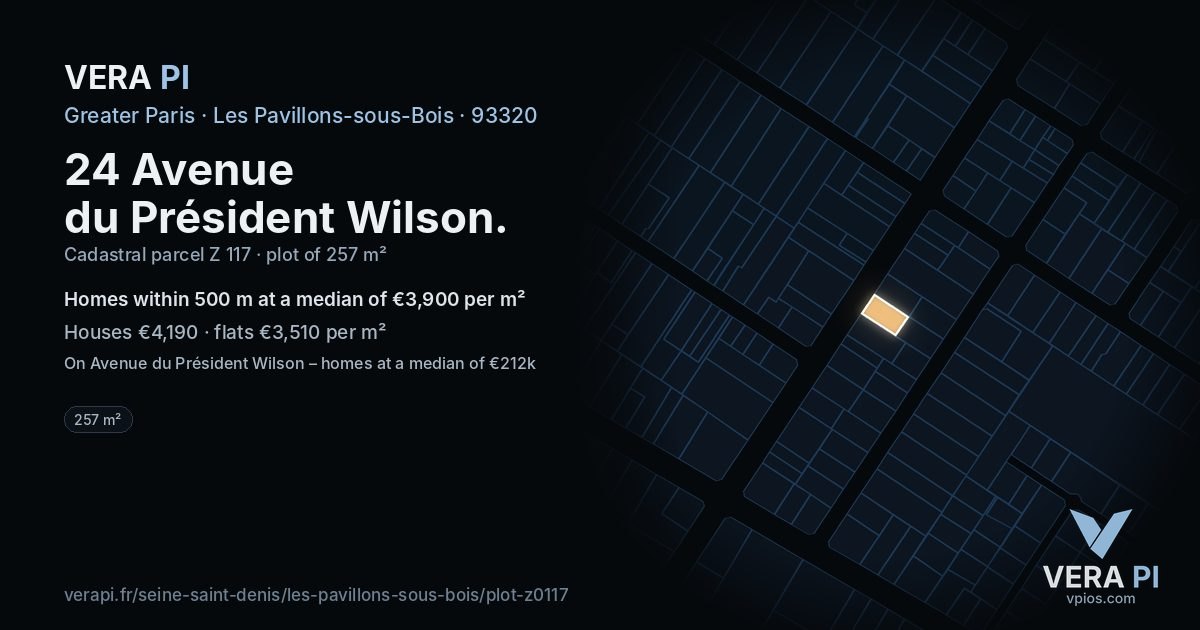 24 Avenue du Président Wilson, Les Pavillons-sous-Bois at night – the plot lit, the parcels around coloured by the prices near them