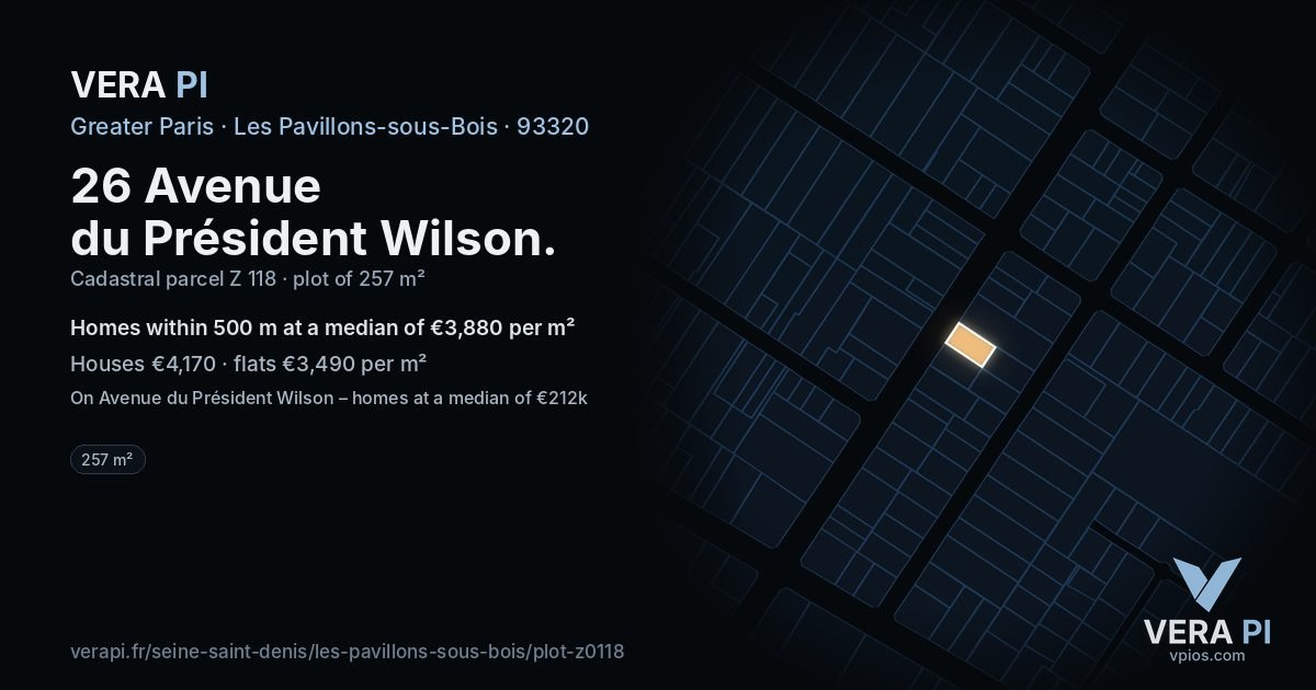 26 Avenue du Président Wilson, Les Pavillons-sous-Bois at night – the plot lit, the parcels around coloured by the prices near them