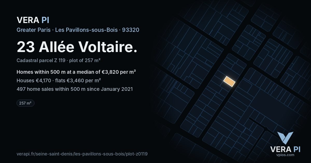 23 Allée Voltaire, Les Pavillons-sous-Bois at night – the plot lit, the parcels around coloured by the prices near them