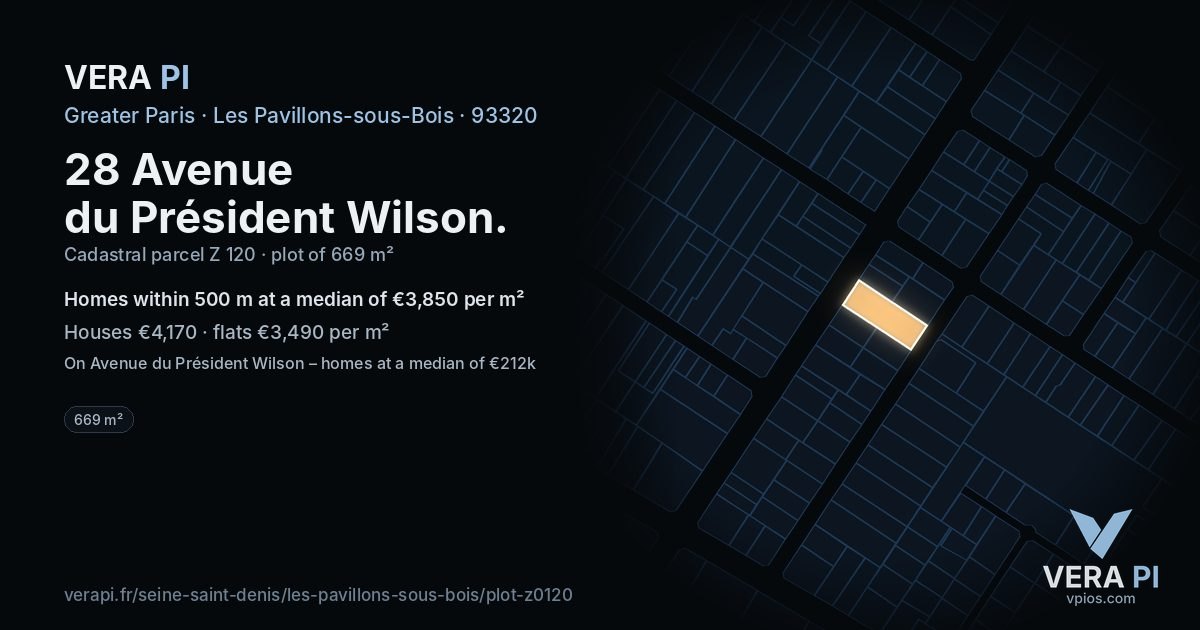 28 Avenue du Président Wilson, Les Pavillons-sous-Bois at night – the plot lit, the parcels around coloured by the prices near them