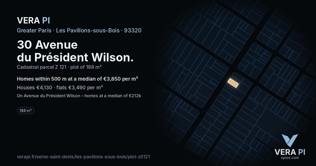 30 Avenue du Président Wilson, Les Pavillons-sous-Bois at night – the plot lit, the parcels around coloured by the prices near them