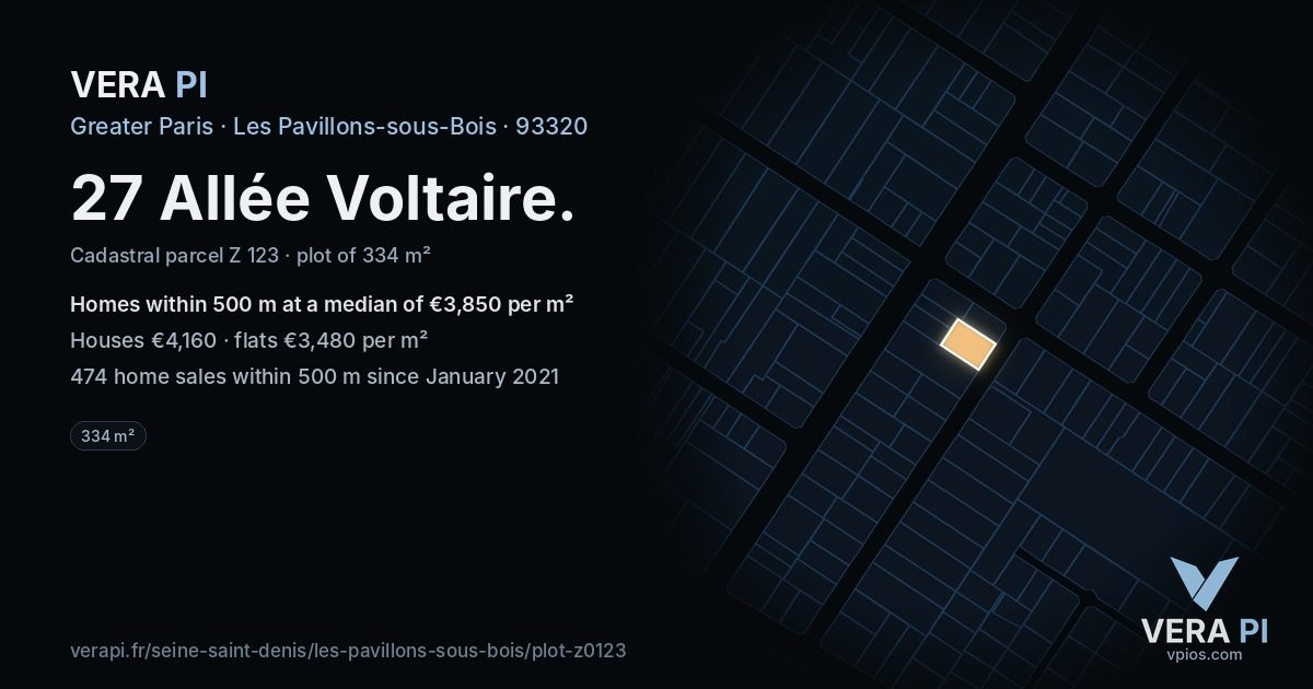 27 Allée Voltaire, Les Pavillons-sous-Bois at night – the plot lit, the parcels around coloured by the prices near them