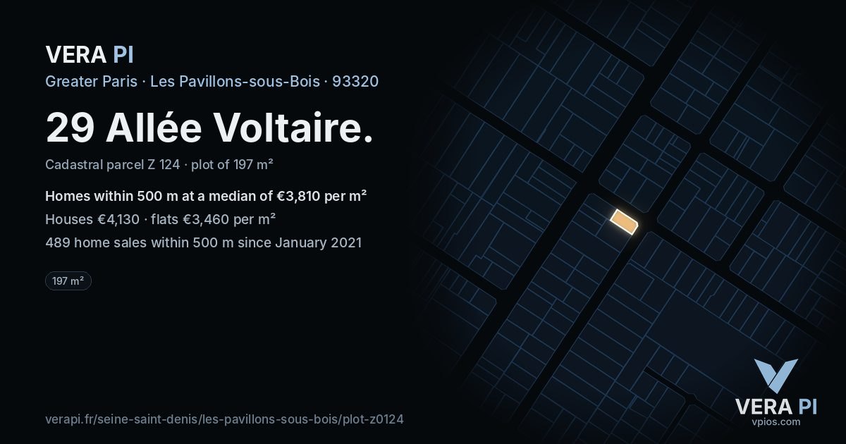 29 Allée Voltaire, Les Pavillons-sous-Bois at night – the plot lit, the parcels around coloured by the prices near them
