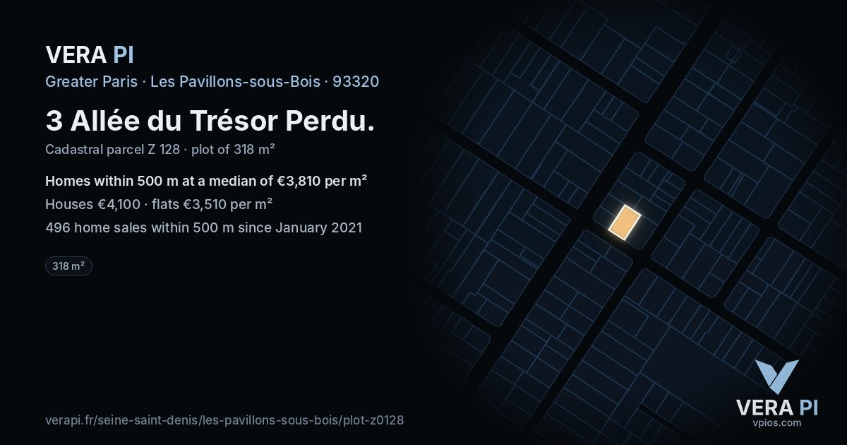 3 Allée du Trésor Perdu, Les Pavillons-sous-Bois at night – the plot lit, the parcels around coloured by the prices near them
