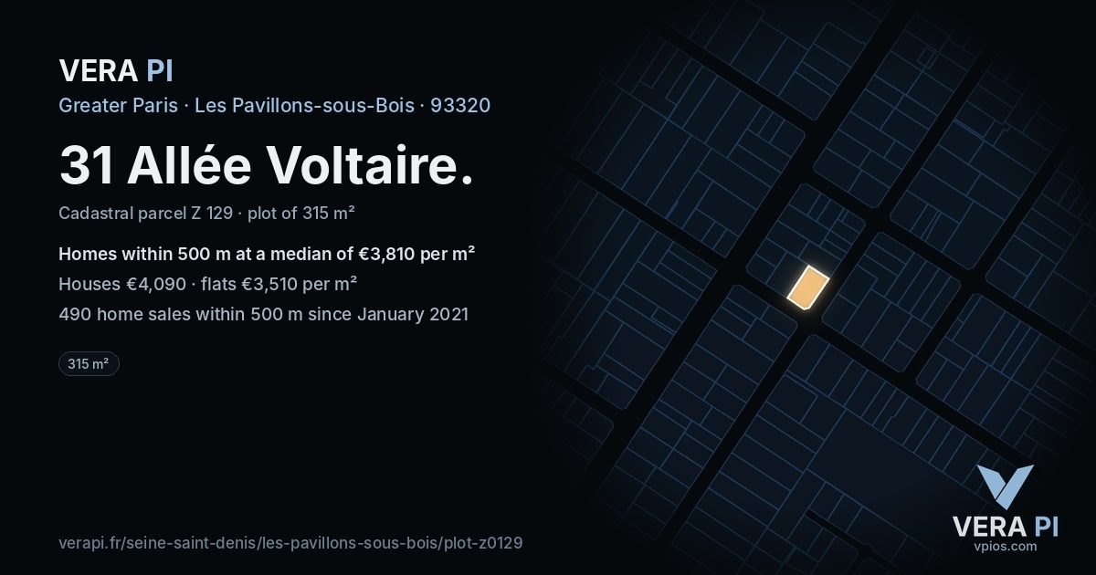 31 Allée Voltaire, Les Pavillons-sous-Bois at night – the plot lit, the parcels around coloured by the prices near them