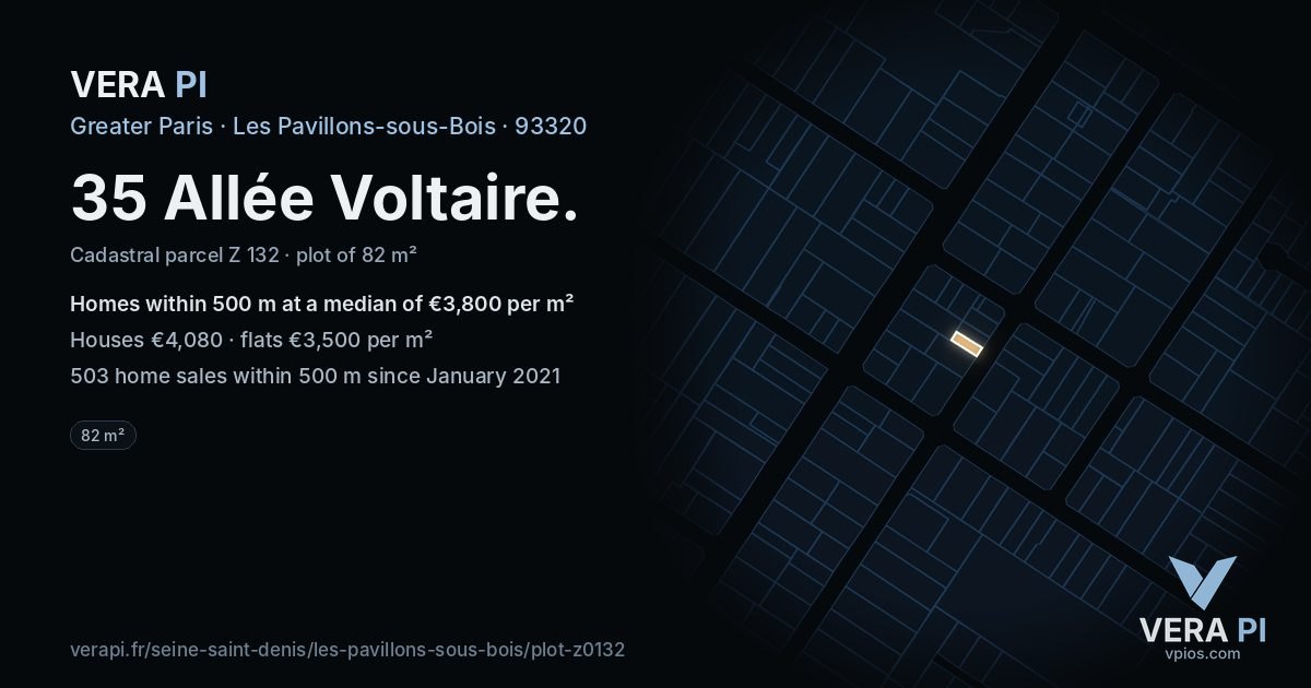 35 Allée Voltaire, Les Pavillons-sous-Bois at night – the plot lit, the parcels around coloured by the prices near them