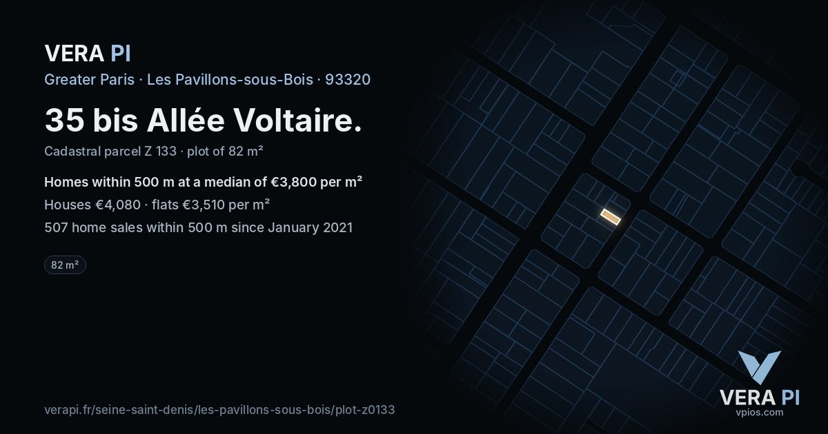 35 bis Allée Voltaire, Les Pavillons-sous-Bois at night – the plot lit, the parcels around coloured by the prices near them