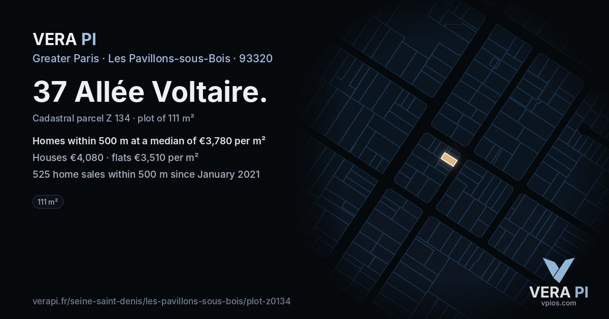 37 Allée Voltaire, Les Pavillons-sous-Bois at night – the plot lit, the parcels around coloured by the prices near them