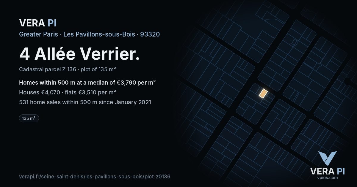 4 Allée Verrier, Les Pavillons-sous-Bois at night – the plot lit, the parcels around coloured by the prices near them