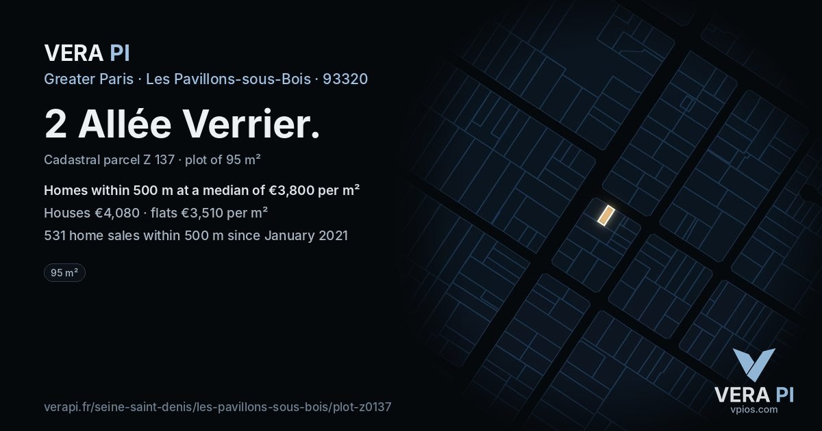 2 Allée Verrier, Les Pavillons-sous-Bois at night – the plot lit, the parcels around coloured by the prices near them