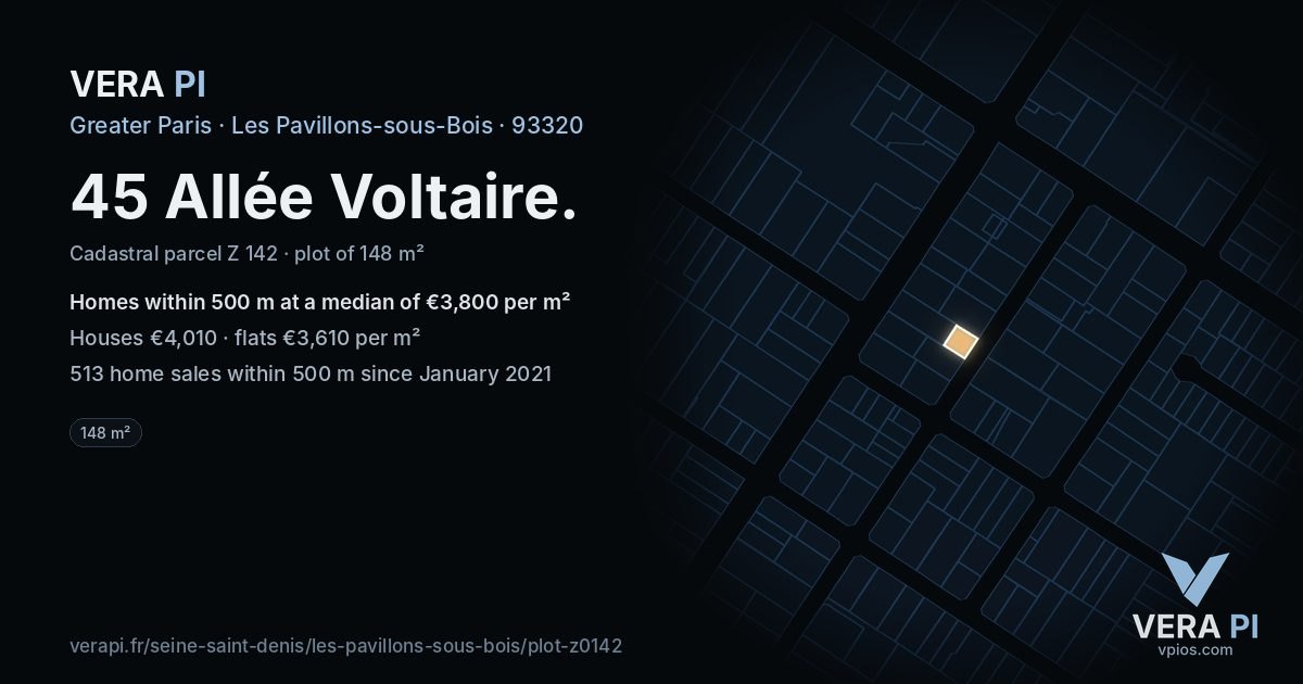 45 Allée Voltaire, Les Pavillons-sous-Bois at night – the plot lit, the parcels around coloured by the prices near them