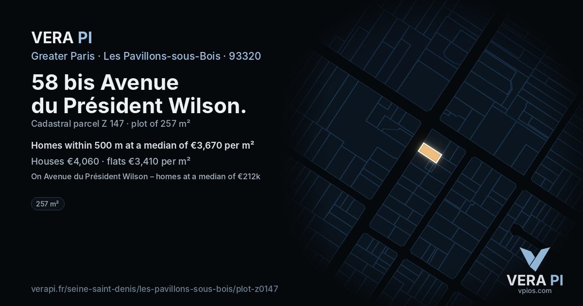 58 bis Avenue du Président Wilson, Les Pavillons-sous-Bois at night – the plot lit, the parcels around coloured by the prices near them