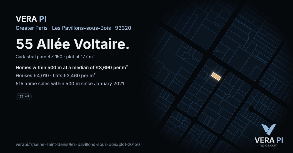 55 Allée Voltaire, Les Pavillons-sous-Bois at night – the plot lit, the parcels around coloured by the prices near them
