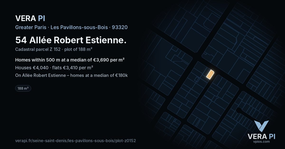 54 Allée Robert Estienne, Les Pavillons-sous-Bois at night – the plot lit, the parcels around coloured by the prices near them