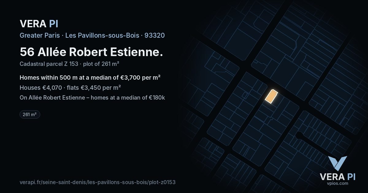 56 Allée Robert Estienne, Les Pavillons-sous-Bois at night – the plot lit, the parcels around coloured by the prices near them