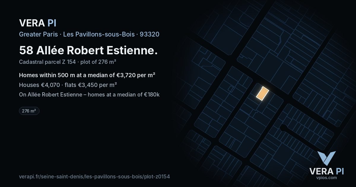 58 Allée Robert Estienne, Les Pavillons-sous-Bois at night – the plot lit, the parcels around coloured by the prices near them
