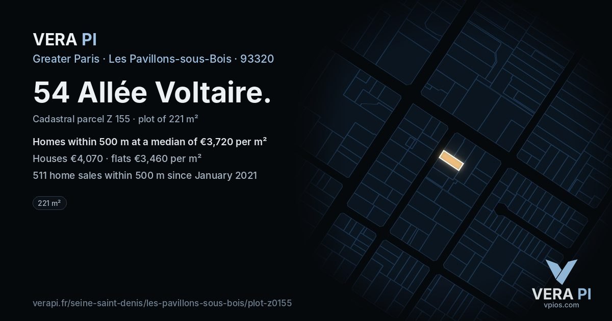 54 Allée Voltaire, Les Pavillons-sous-Bois at night – the plot lit, the parcels around coloured by the prices near them
