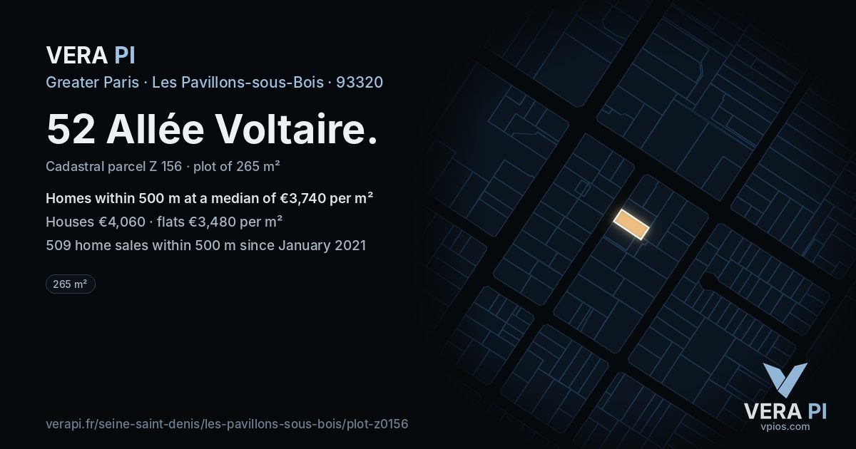 52 Allée Voltaire, Les Pavillons-sous-Bois at night – the plot lit, the parcels around coloured by the prices near them