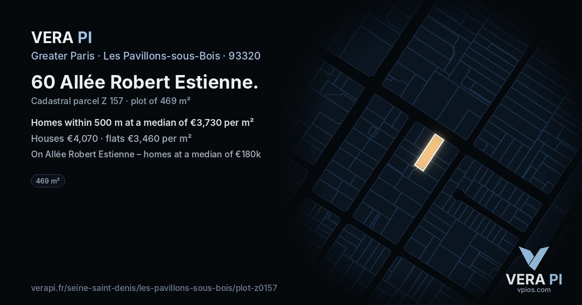 60 Allée Robert Estienne, Les Pavillons-sous-Bois at night – the plot lit, the parcels around coloured by the prices near them