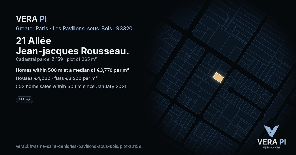 21 Allée Jean-jacques Rousseau, Les Pavillons-sous-Bois at night – the plot lit, the parcels around coloured by the prices near them
