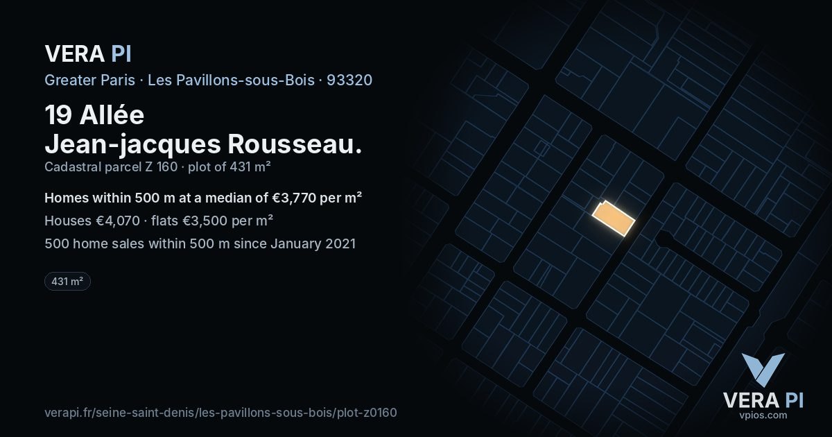 19 Allée Jean-jacques Rousseau, Les Pavillons-sous-Bois at night – the plot lit, the parcels around coloured by the prices near them