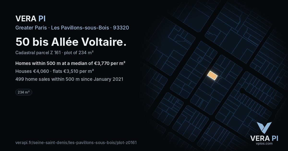 50 bis Allée Voltaire, Les Pavillons-sous-Bois at night – the plot lit, the parcels around coloured by the prices near them