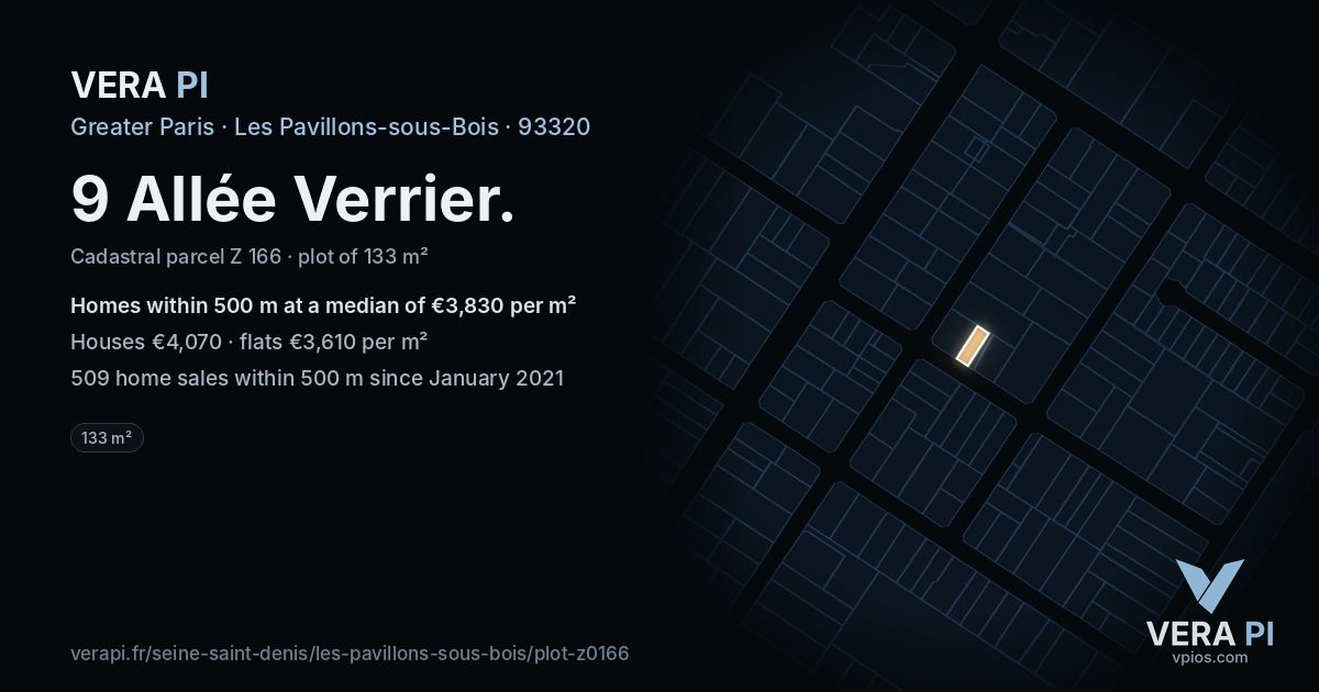9 Allée Verrier, Les Pavillons-sous-Bois at night – the plot lit, the parcels around coloured by the prices near them