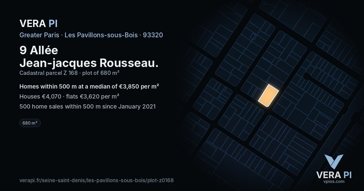 9 Allée Jean-jacques Rousseau, Les Pavillons-sous-Bois at night – the plot lit, the parcels around coloured by the prices near them