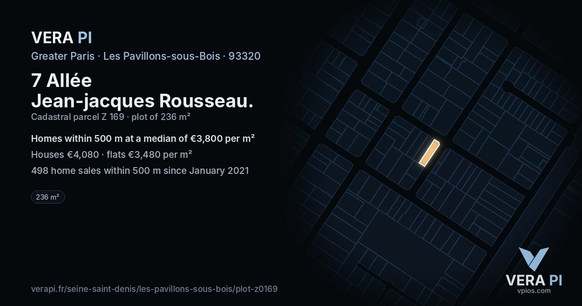 7 Allée Jean-jacques Rousseau, Les Pavillons-sous-Bois at night – the plot lit, the parcels around coloured by the prices near them