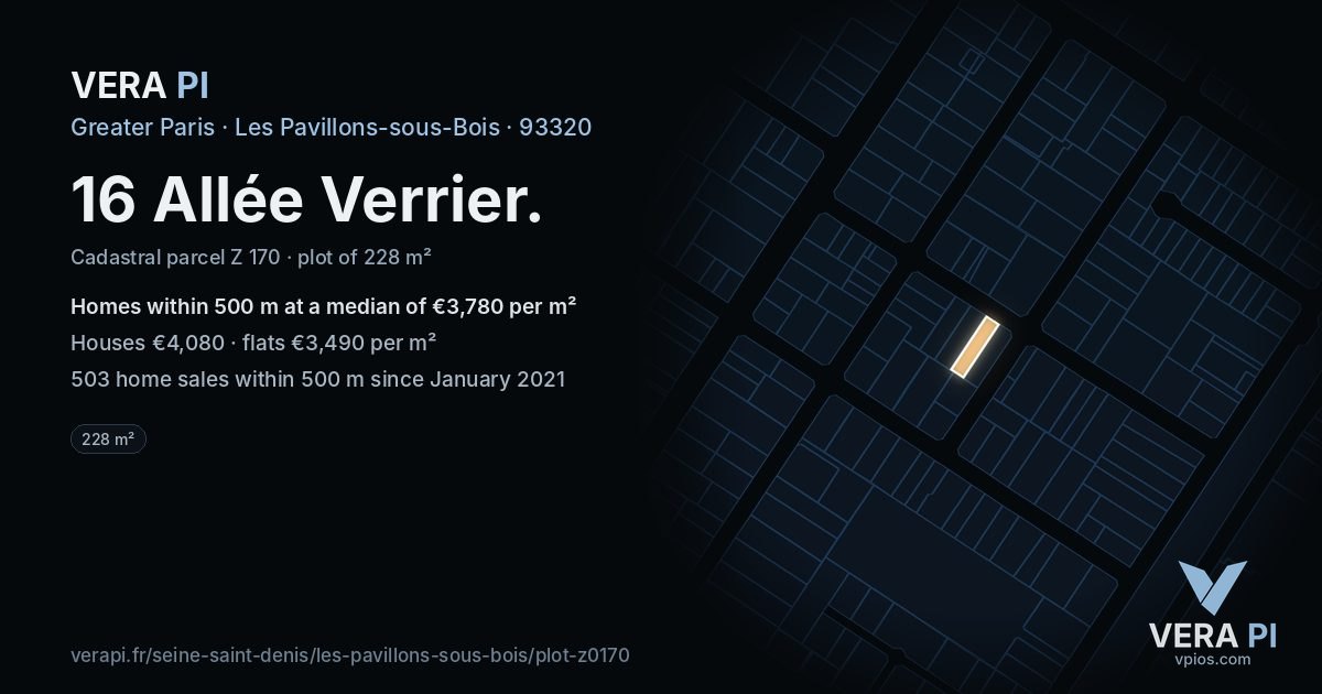 16 Allée Verrier, Les Pavillons-sous-Bois at night – the plot lit, the parcels around coloured by the prices near them