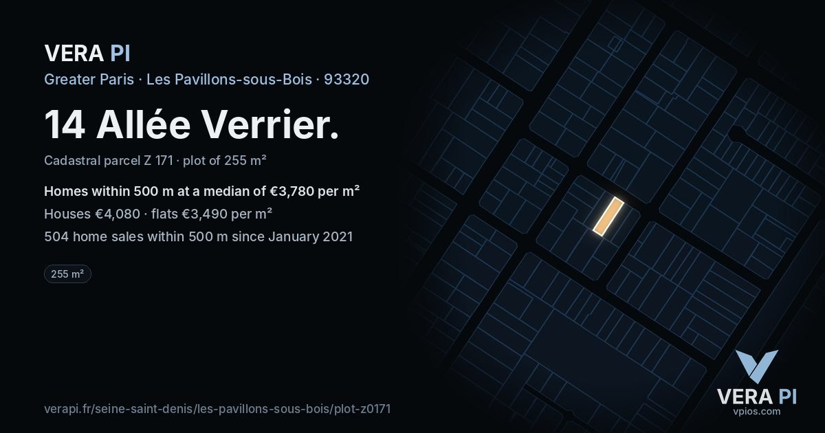 14 Allée Verrier, Les Pavillons-sous-Bois at night – the plot lit, the parcels around coloured by the prices near them