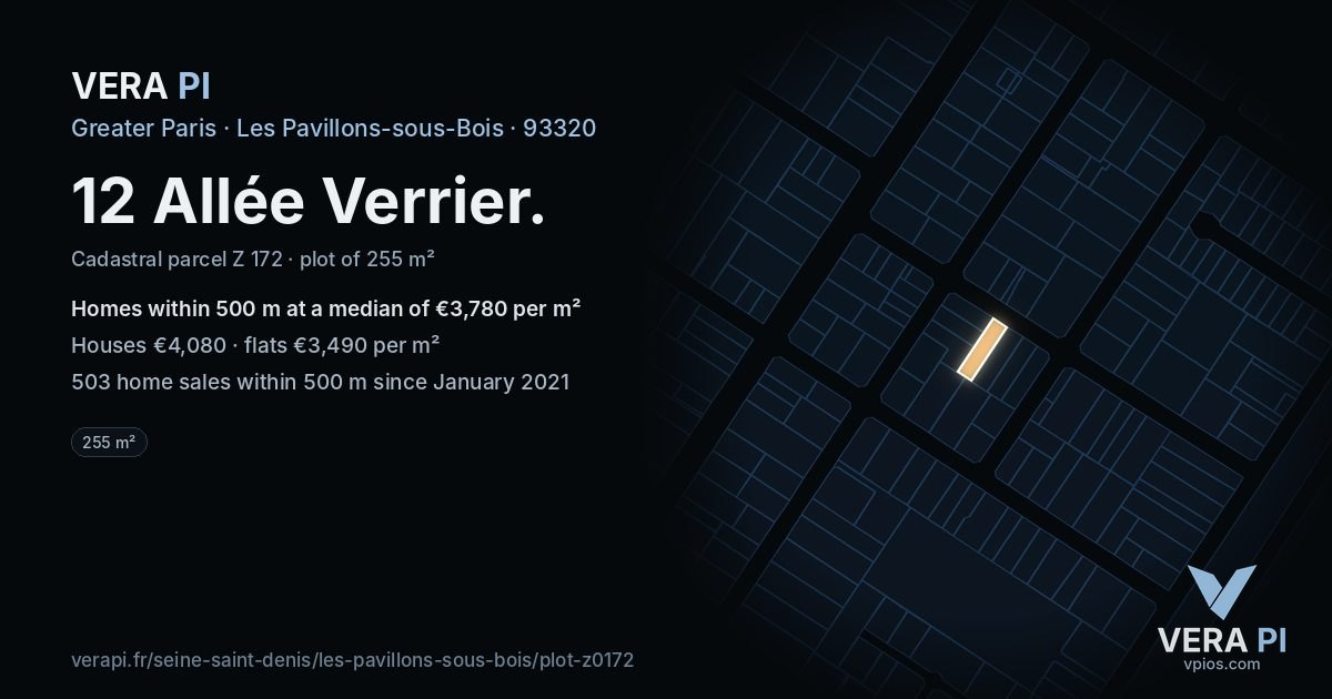 12 Allée Verrier, Les Pavillons-sous-Bois at night – the plot lit, the parcels around coloured by the prices near them