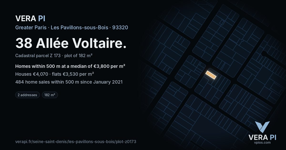 38 Allée Voltaire, Les Pavillons-sous-Bois at night – the plot lit, the parcels around coloured by the prices near them