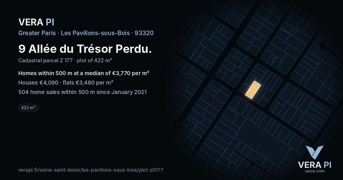 9 Allée du Trésor Perdu, Les Pavillons-sous-Bois at night – the plot lit, the parcels around coloured by the prices near them