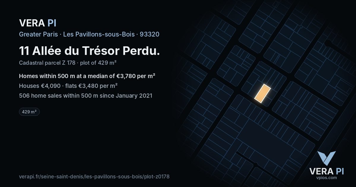 11 Allée du Trésor Perdu, Les Pavillons-sous-Bois at night – the plot lit, the parcels around coloured by the prices near them