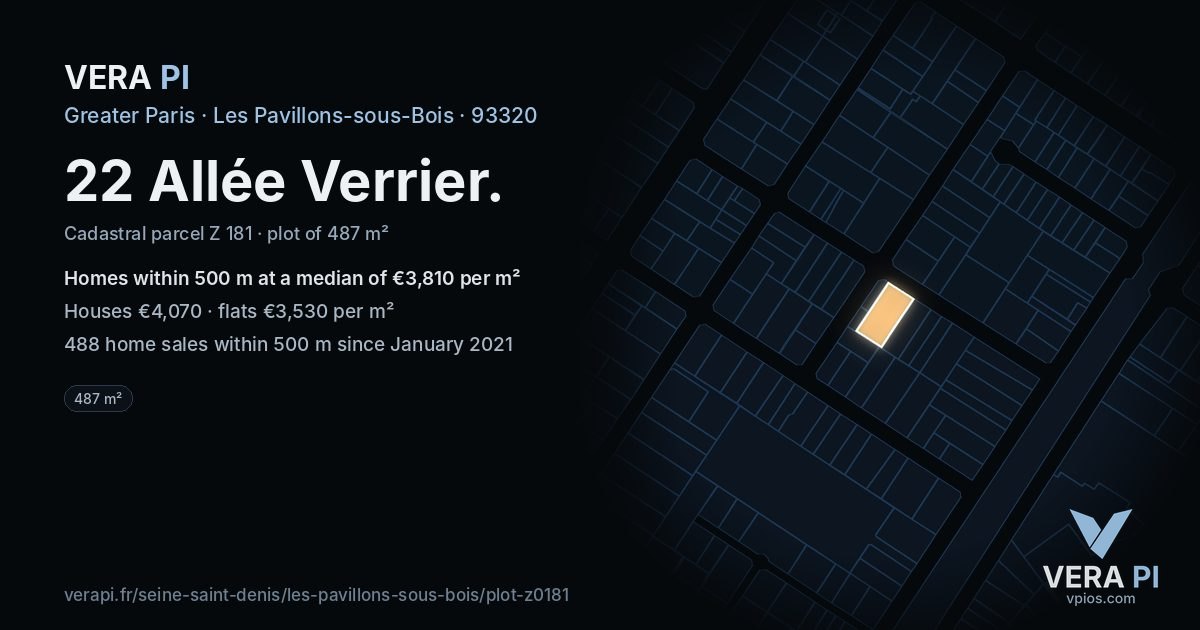22 Allée Verrier, Les Pavillons-sous-Bois at night – the plot lit, the parcels around coloured by the prices near them