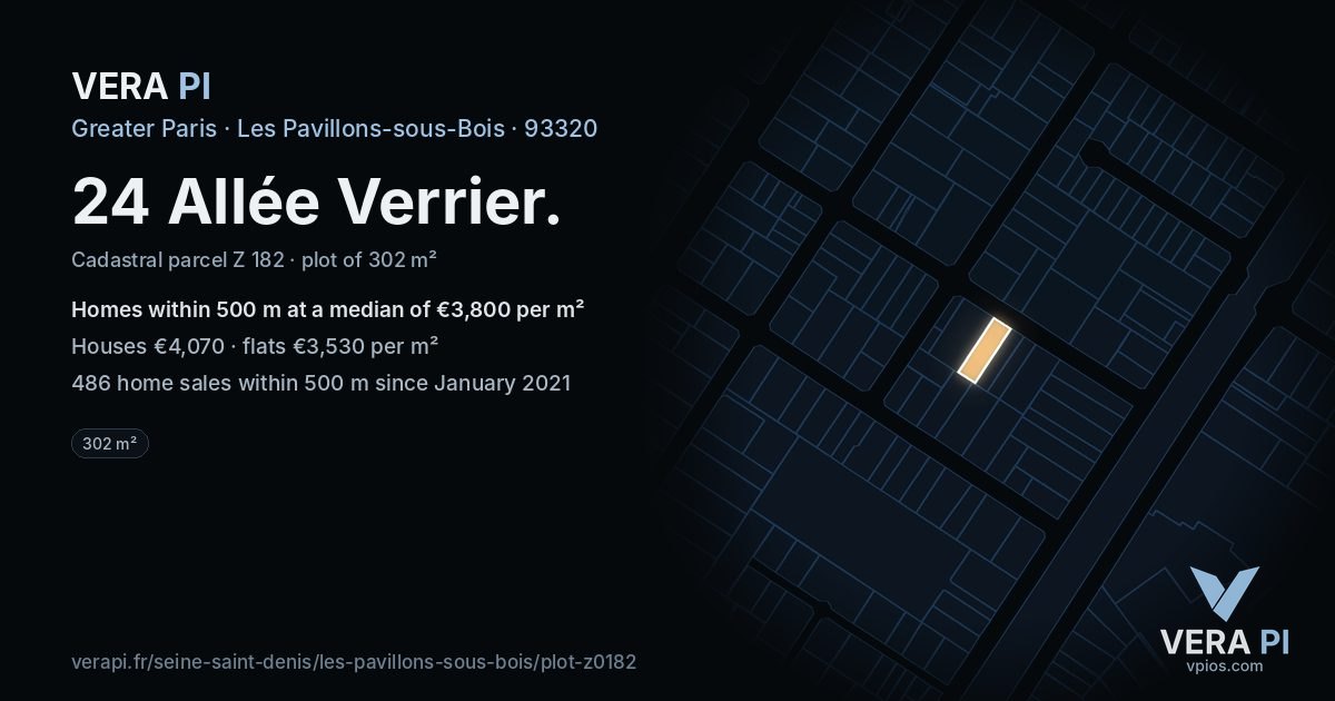 24 Allée Verrier, Les Pavillons-sous-Bois at night – the plot lit, the parcels around coloured by the prices near them