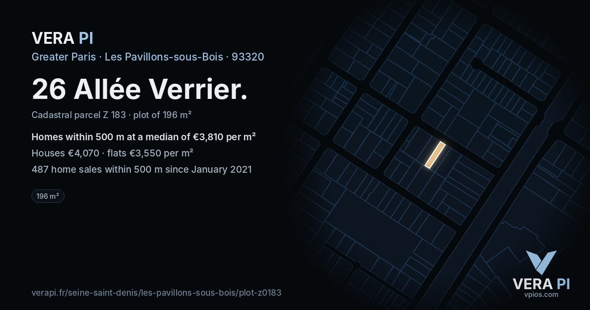 26 Allée Verrier, Les Pavillons-sous-Bois at night – the plot lit, the parcels around coloured by the prices near them