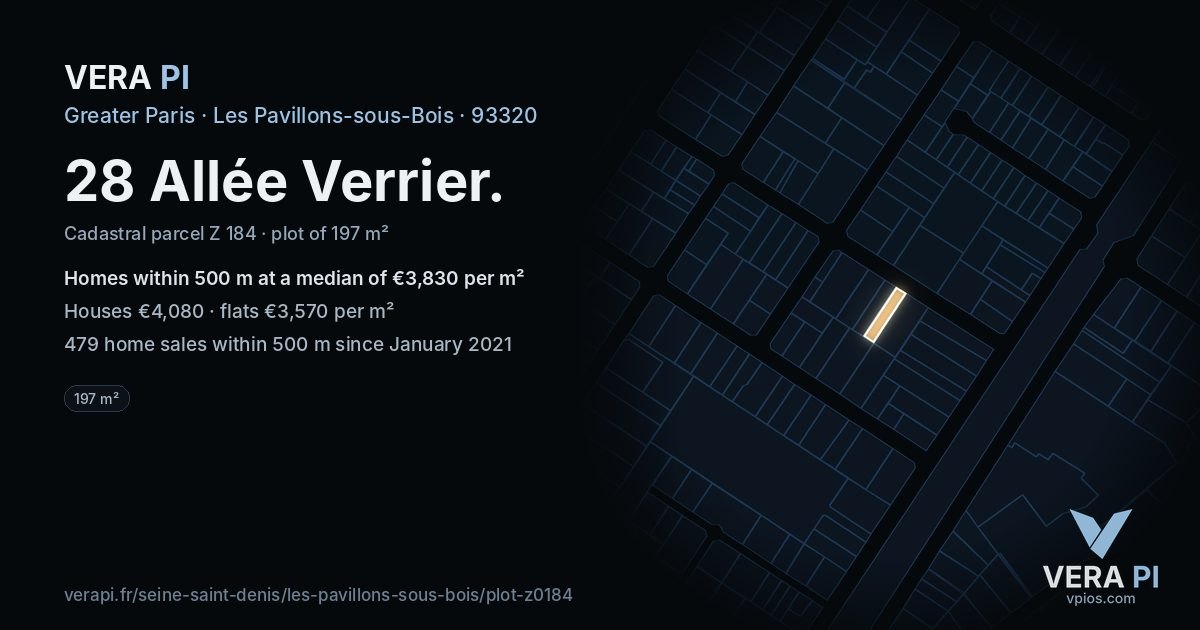 28 Allée Verrier, Les Pavillons-sous-Bois at night – the plot lit, the parcels around coloured by the prices near them