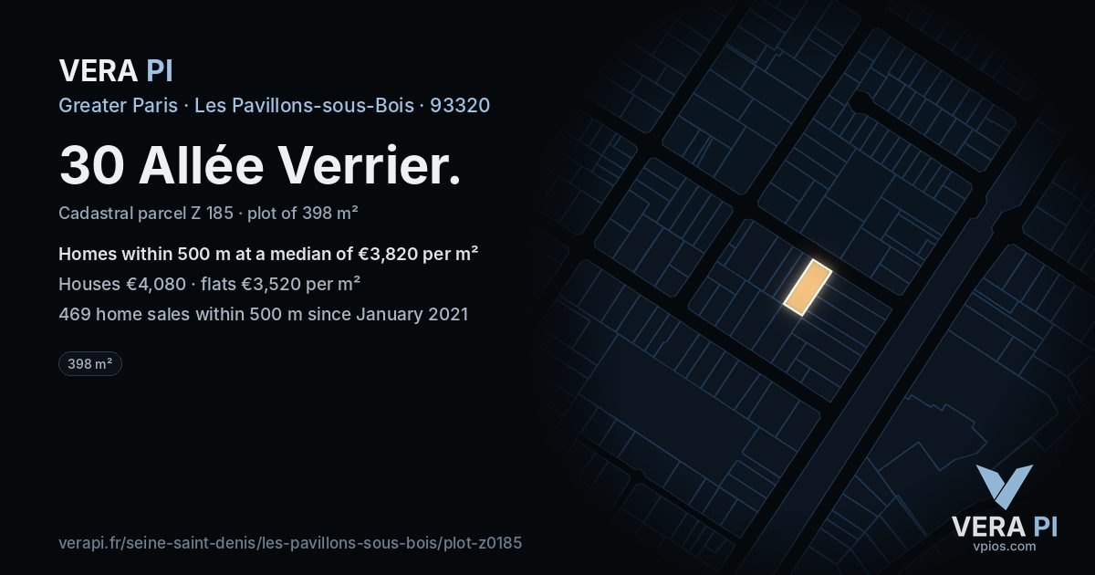 30 Allée Verrier, Les Pavillons-sous-Bois at night – the plot lit, the parcels around coloured by the prices near them