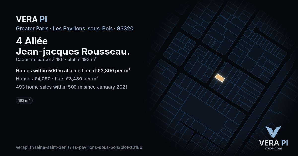 4 Allée Jean-jacques Rousseau, Les Pavillons-sous-Bois at night – the plot lit, the parcels around coloured by the prices near them