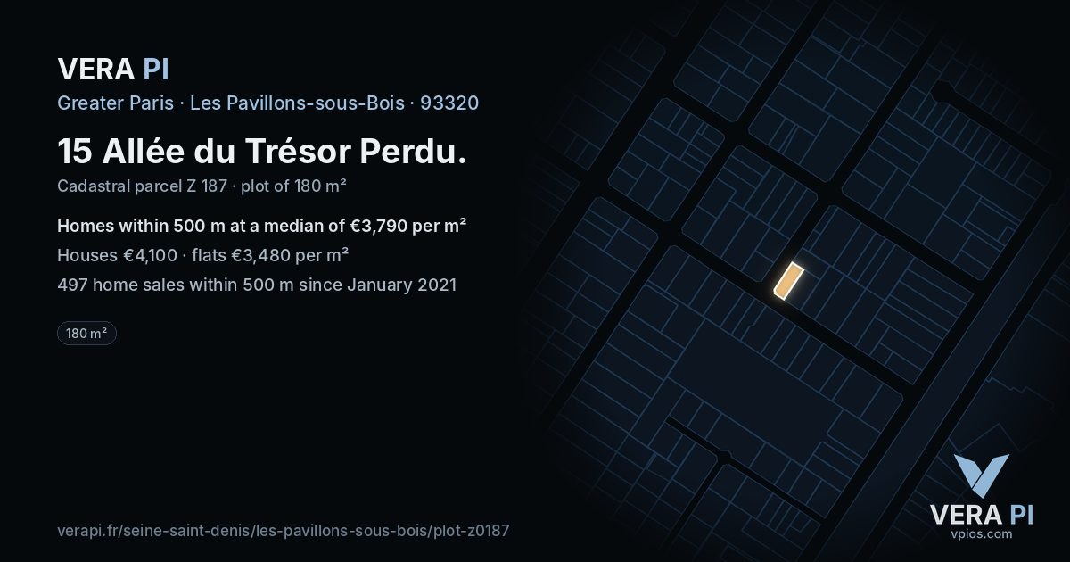 15 Allée du Trésor Perdu, Les Pavillons-sous-Bois at night – the plot lit, the parcels around coloured by the prices near them
