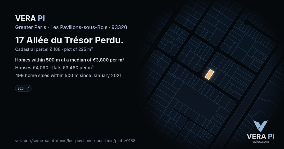 17 Allée du Trésor Perdu, Les Pavillons-sous-Bois at night – the plot lit, the parcels around coloured by the prices near them