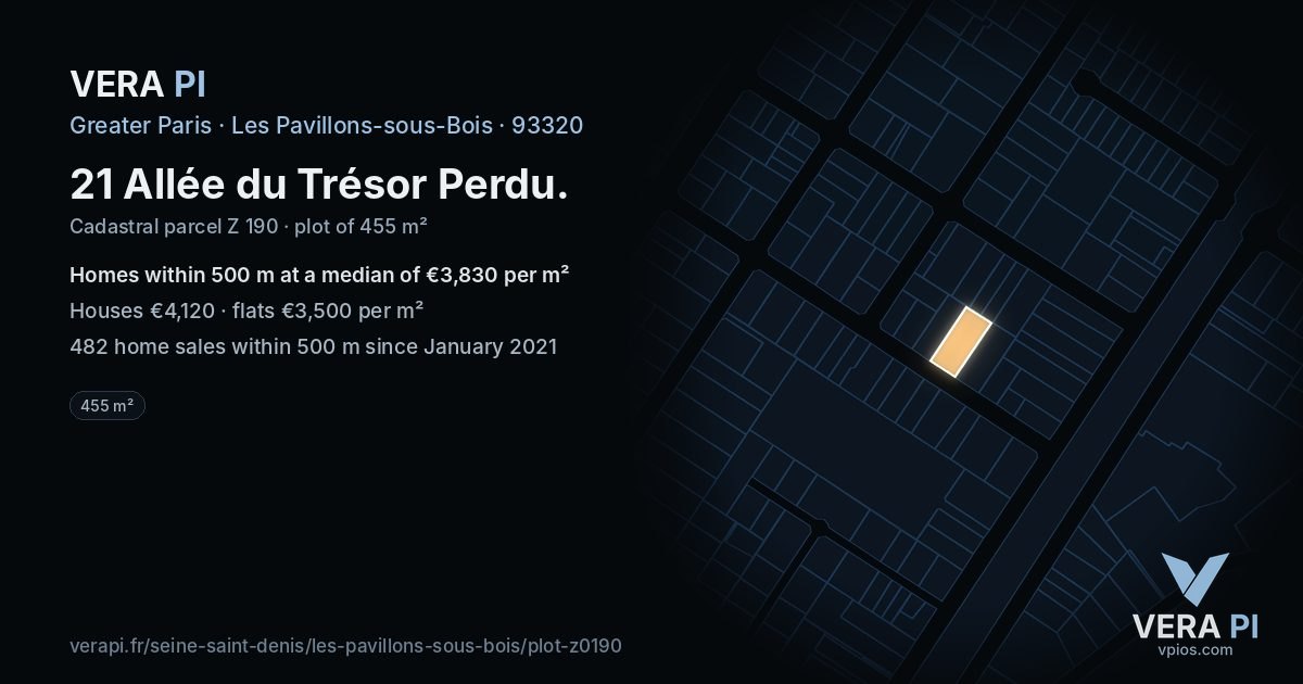 21 Allée du Trésor Perdu, Les Pavillons-sous-Bois at night – the plot lit, the parcels around coloured by the prices near them