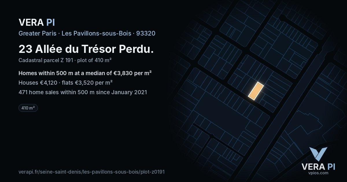 23 Allée du Trésor Perdu, Les Pavillons-sous-Bois at night – the plot lit, the parcels around coloured by the prices near them